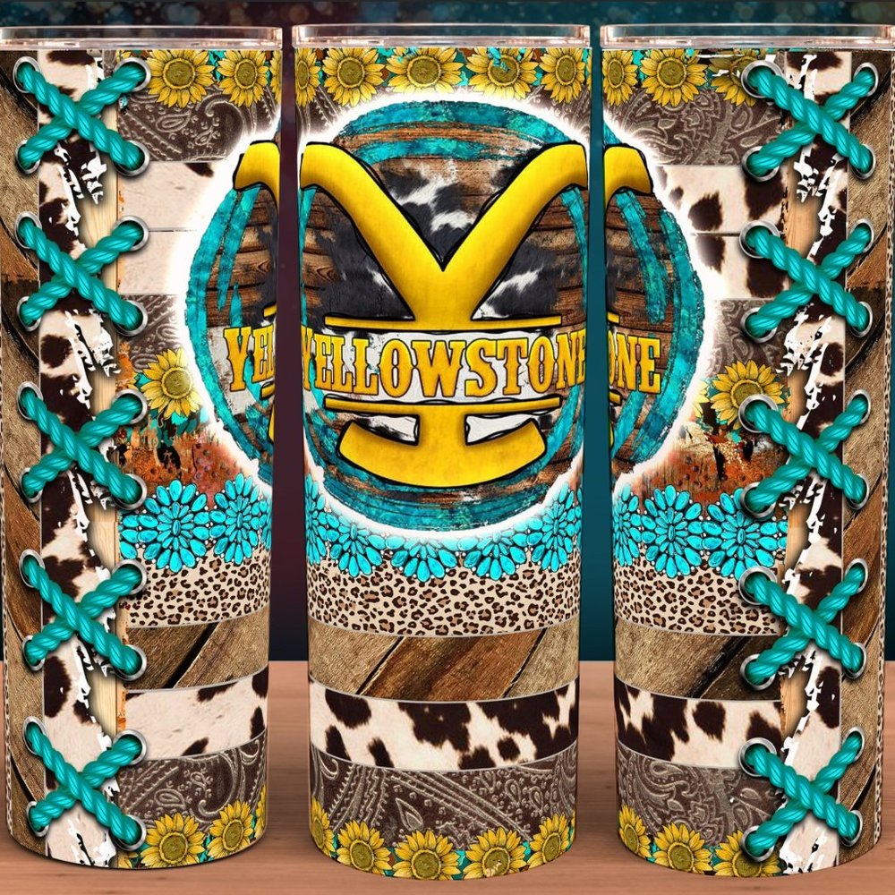 Yellowstone Cow Print Floral Turquoise Cup Mug Tumbler